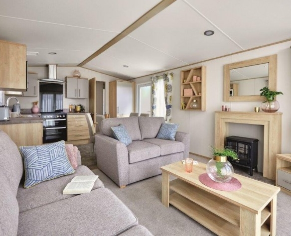 lodges for sale uk featuring steel fireplace and open plan living to kitchen room